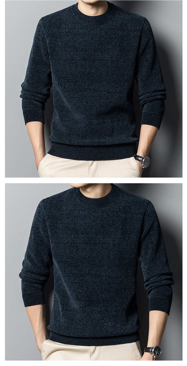Mens Fleece Lined Chenille Pullover Round Neck Long Sleeve Winter Warm Sweater