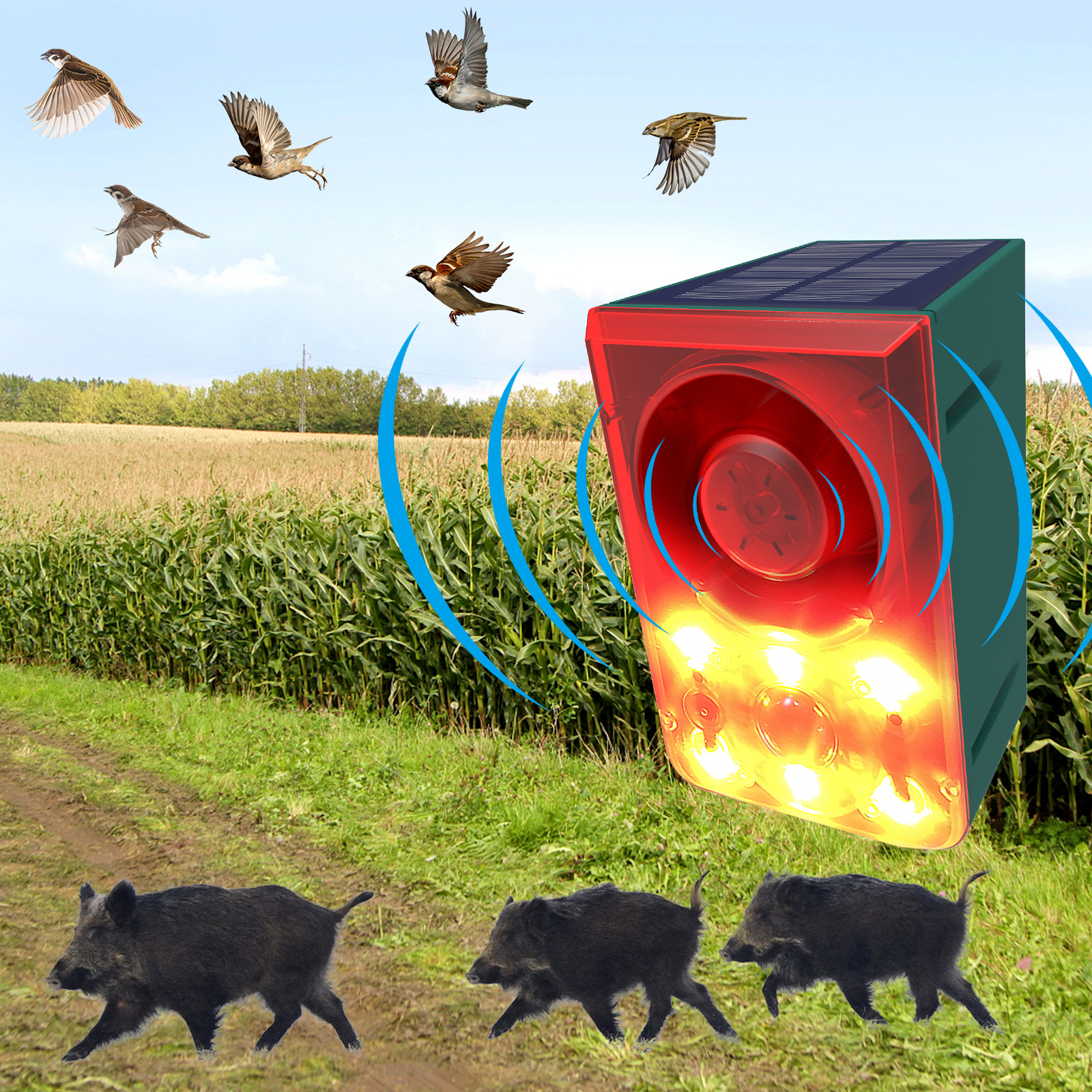 Solar-Powered Ultrasonic Animal Repeller with Flashing Light and Dog Barking Sound