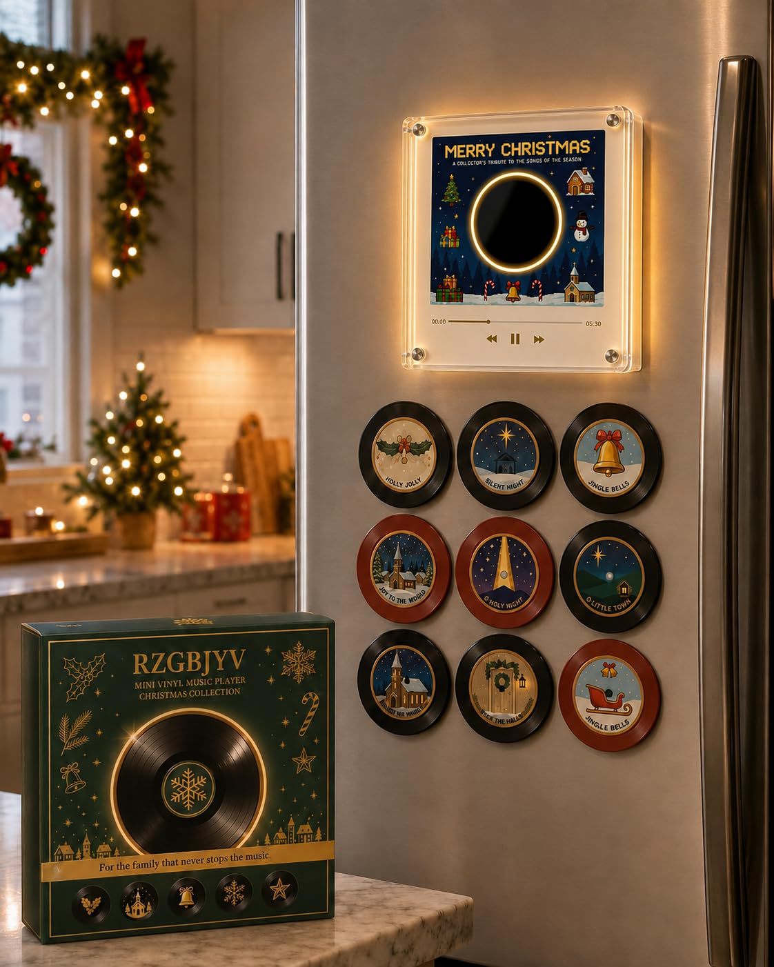 Christmas Musical Fridge Magnet Light-Up Rotating NFC Record Player Set