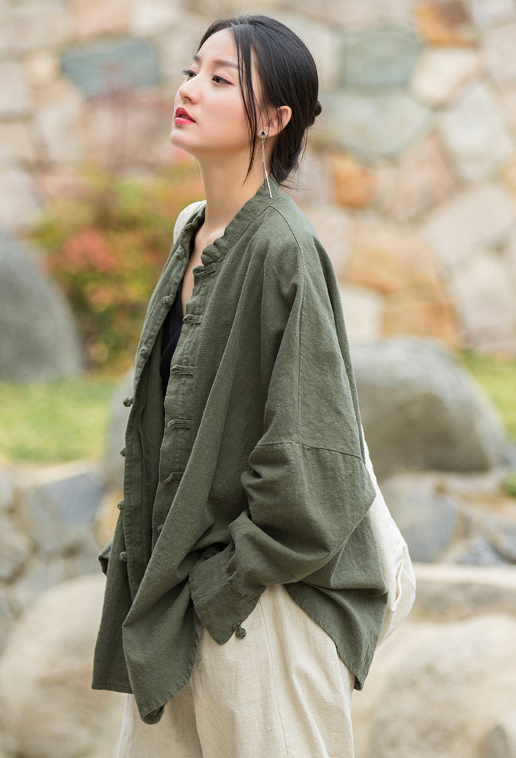 Women's Ramie Cotton Blend Sand-Washed Distressed Stand Collar Cardigan Jacket