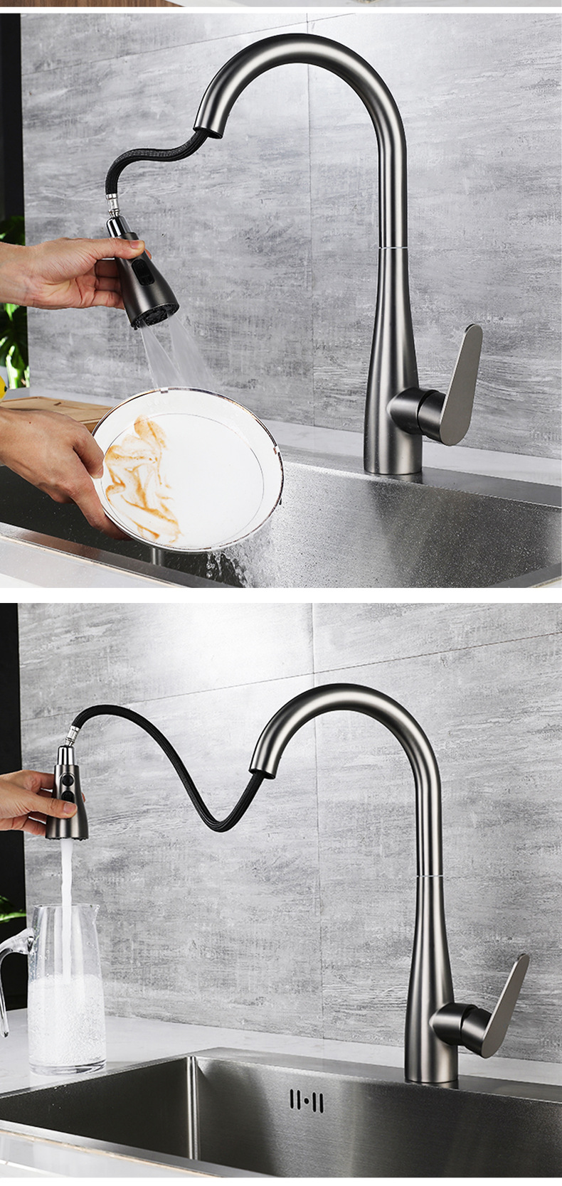 304 Stainless Steel Pull-Out Kitchen Sink Faucet with Universal Rotation Gunmetal Gray