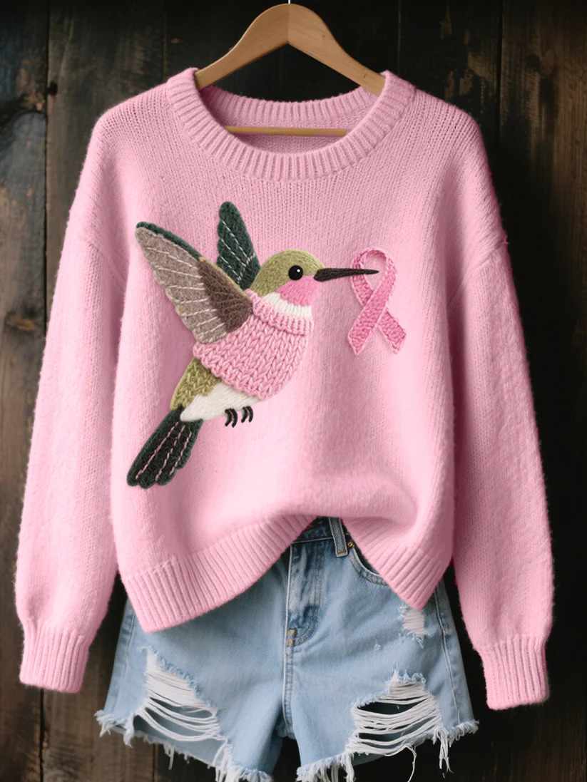 Womens 3D Printed Round Neck Chunky Knit Sweater