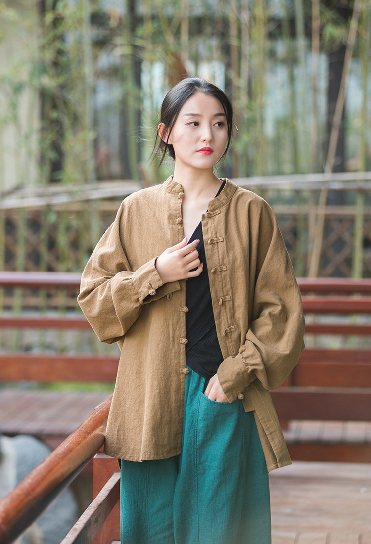 Women's Ramie Cotton Blend Sand-Washed Distressed Stand Collar Cardigan Jacket