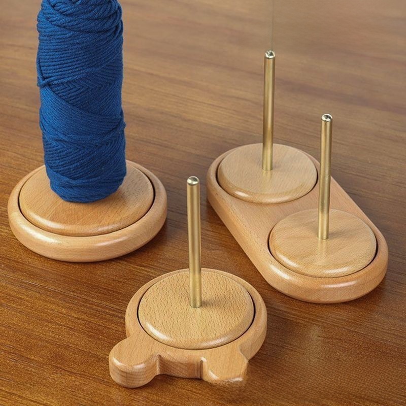 Double-Axis Rotating Wooden Desktop Spool Rack Removable Wire Storage Organizer