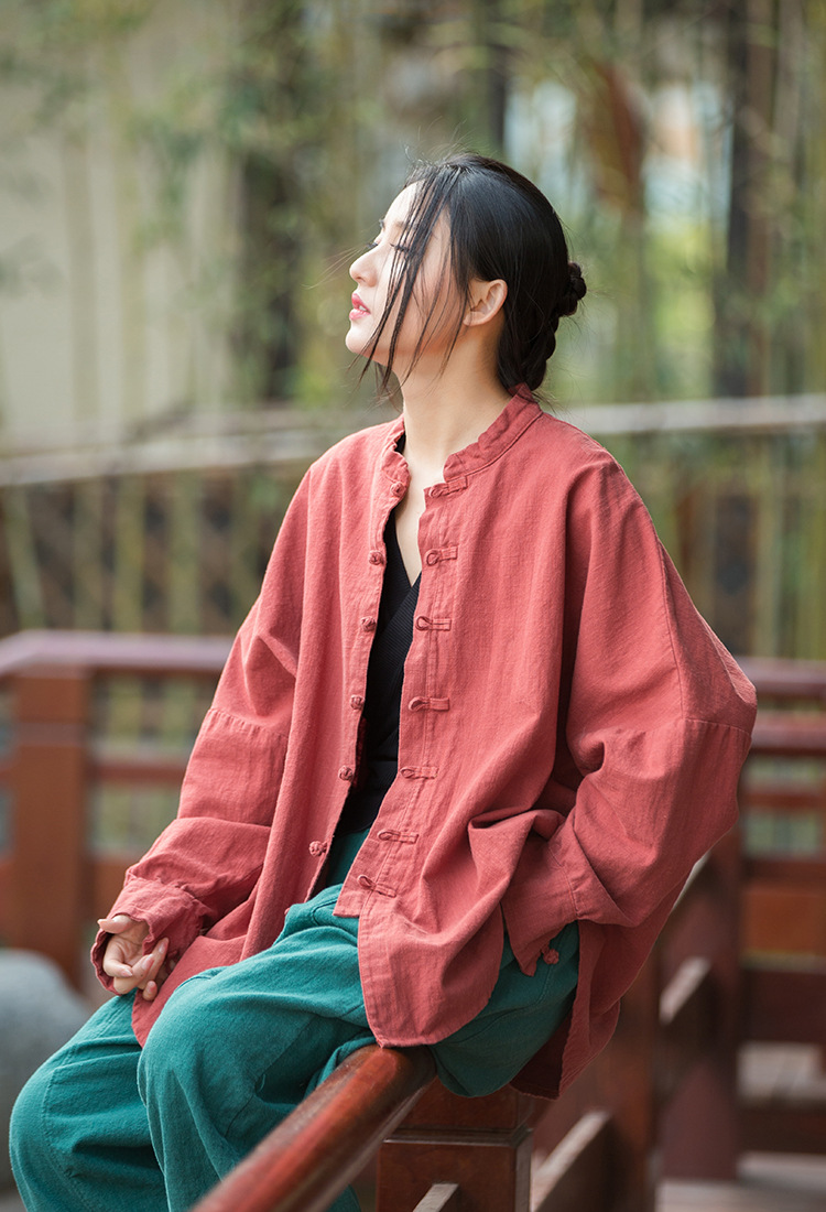 Women's Ramie Cotton Blend Sand-Washed Distressed Stand Collar Cardigan Jacket