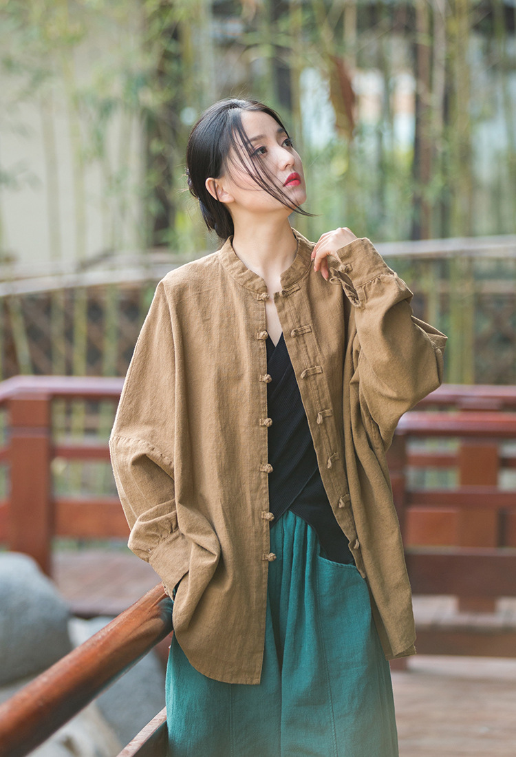 Women's Ramie Cotton Blend Sand-Washed Distressed Stand Collar Cardigan Jacket