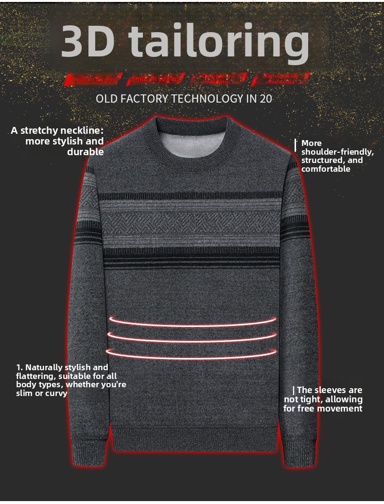 Men's Fleece Lined Striped Knit Sweater Crew Neck Long Sleeve Warm Pullover