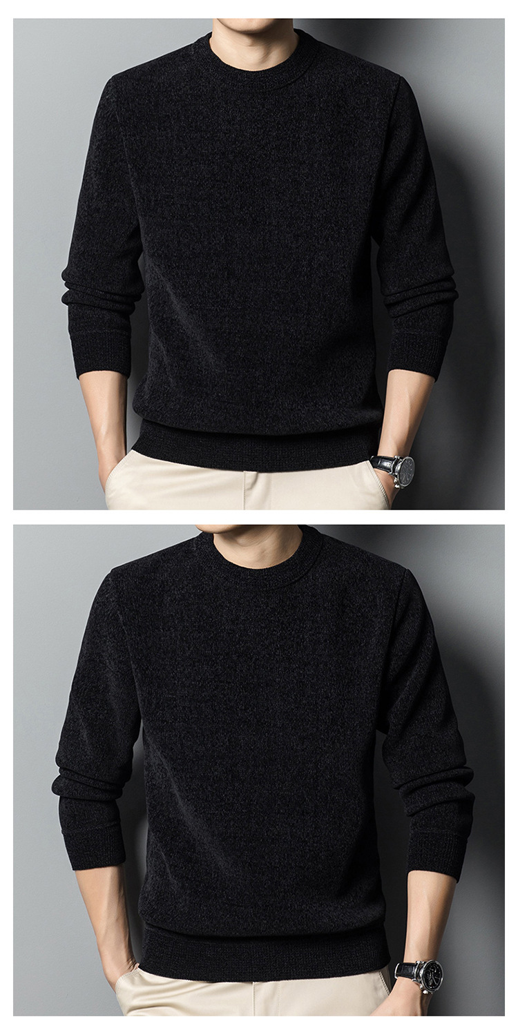 Mens Fleece Lined Chenille Pullover Round Neck Long Sleeve Winter Warm Sweater