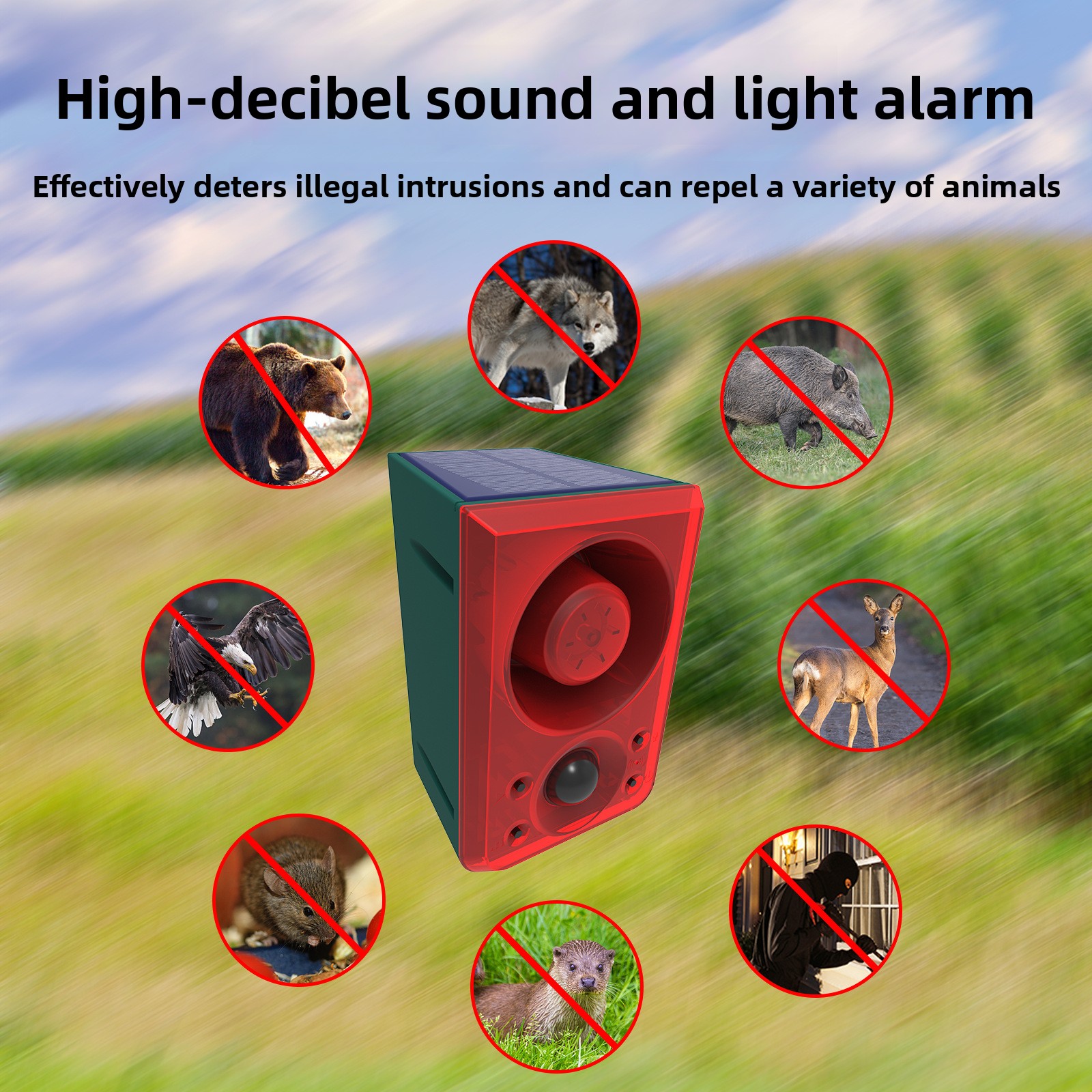 Solar-Powered Ultrasonic Animal Repeller with Flashing Light and Dog Barking Sound