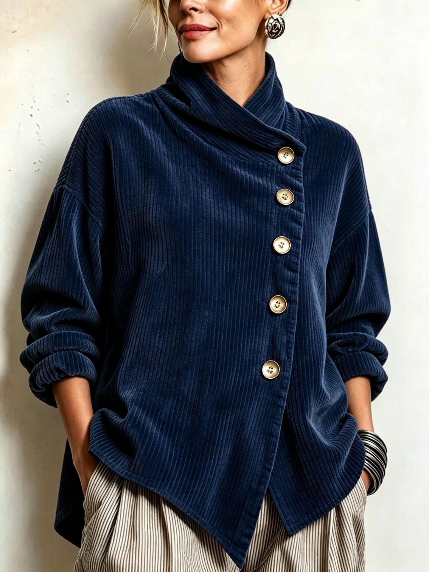 retro French-style, relaxed fit, loose high-neck, asymmetrical corduroy top