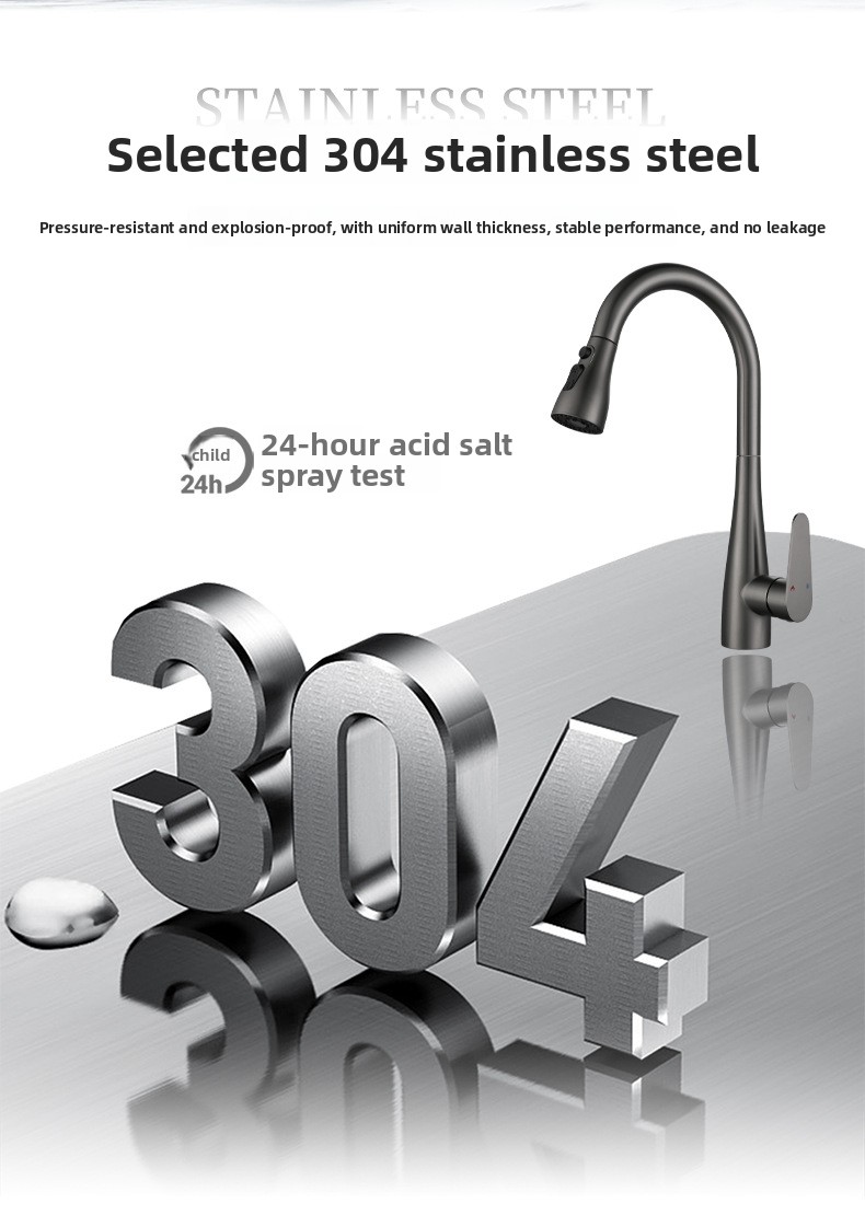 304 Stainless Steel Pull-Out Kitchen Sink Faucet with Universal Rotation Gunmetal Gray