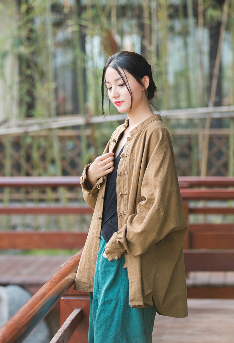 Women's Ramie Cotton Blend Sand-Washed Distressed Stand Collar Cardigan Jacket