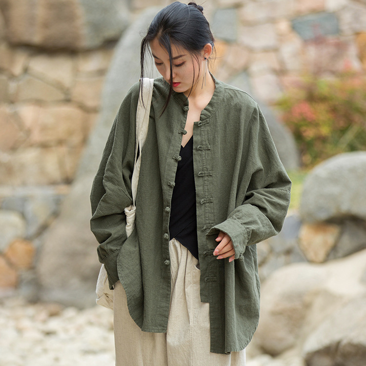 Women's Ramie Cotton Blend Sand-Washed Distressed Stand Collar Cardigan Jacket