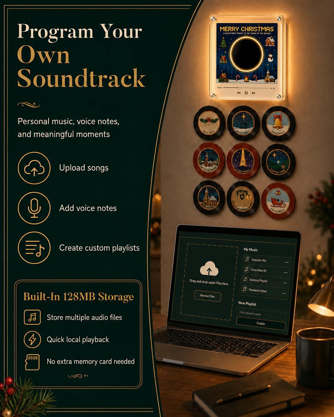 Christmas Musical Fridge Magnet Light-Up Rotating NFC Record Player Set