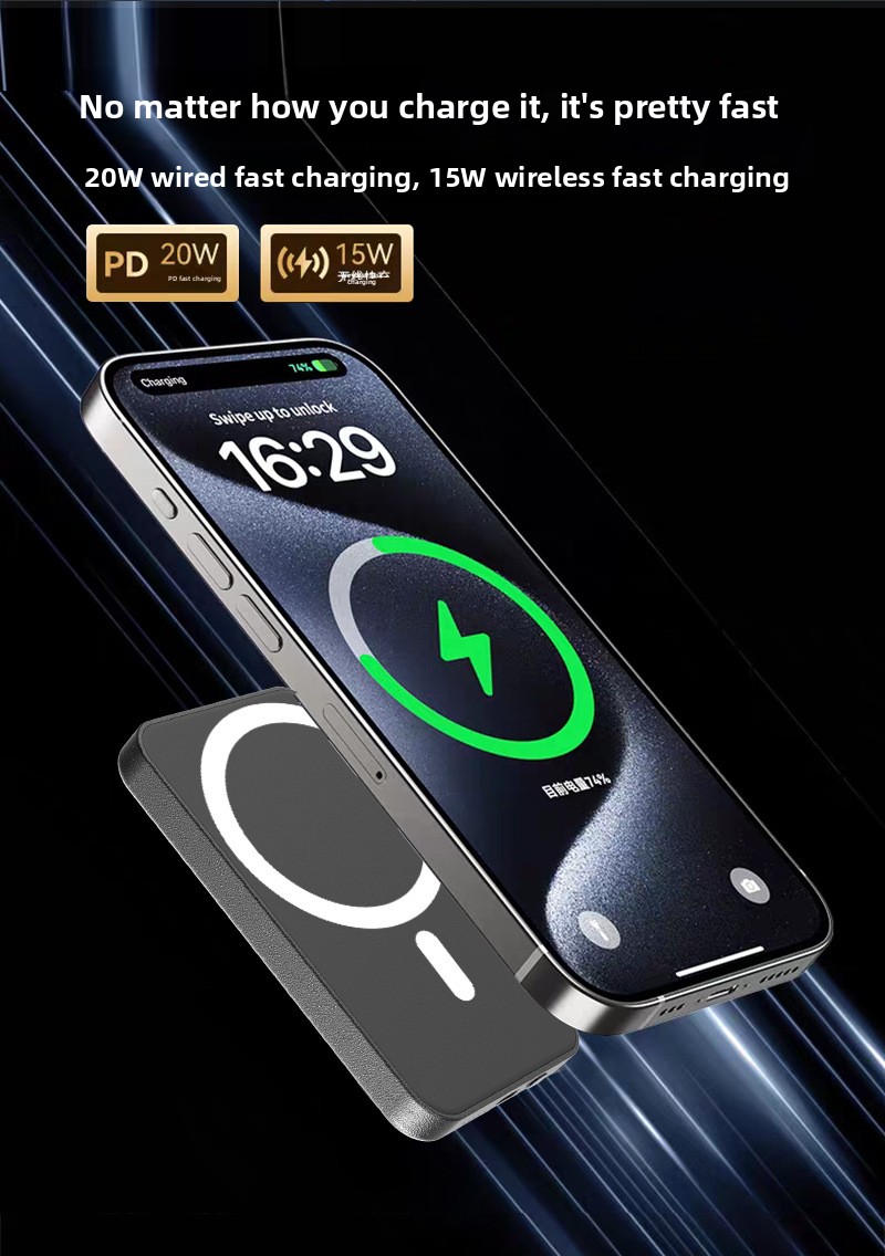 Two-way fast charging treasure with magnetic suction card bag