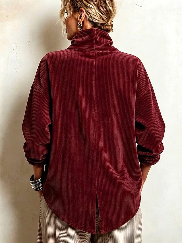retro French-style, relaxed fit, loose high-neck, asymmetrical corduroy top