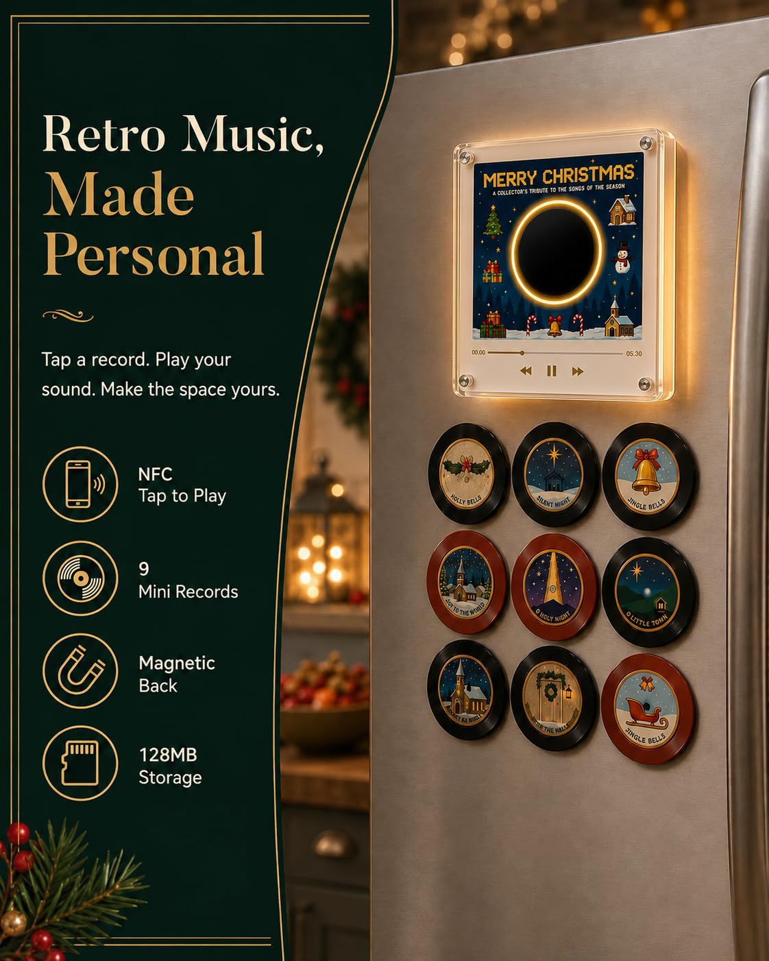 Christmas Musical Fridge Magnet Light-Up Rotating NFC Record Player Set