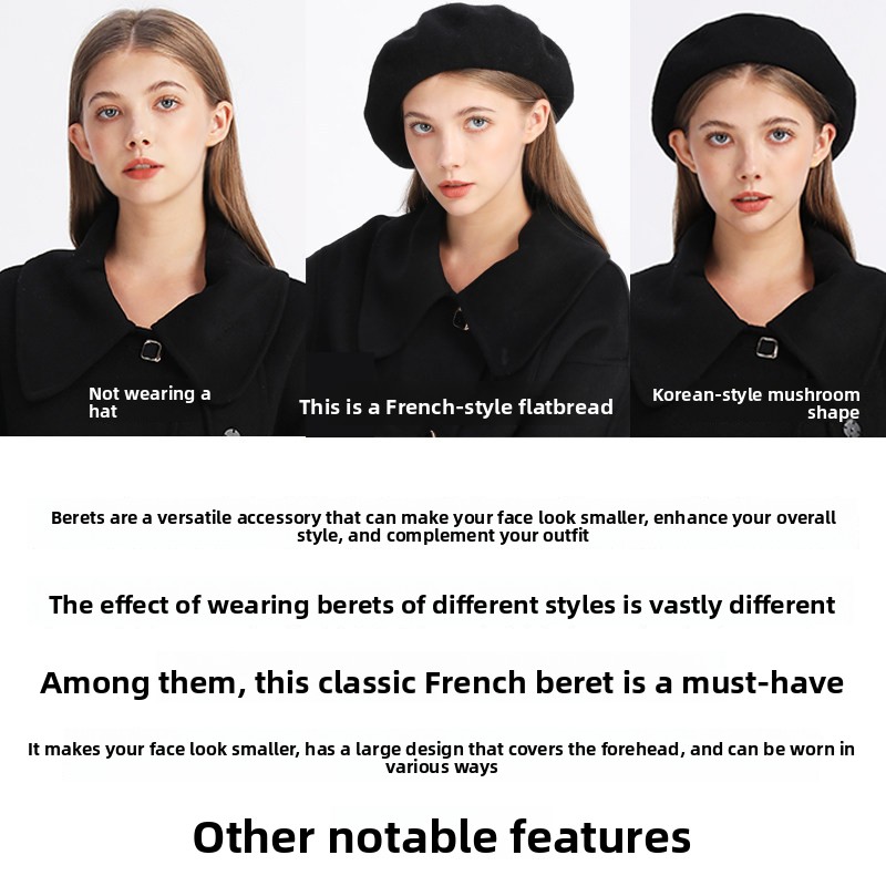 Retro Solid Color Wool Beret Hat for Women, Autumn Winter Adjustable Painter Cap