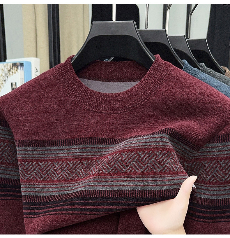 Men's Fleece Lined Striped Knit Sweater Crew Neck Long Sleeve Warm Pullover