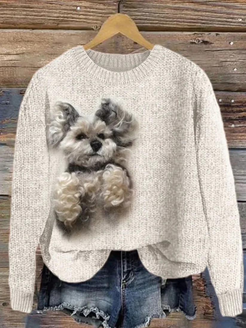 Womens 3D Printed Round Neck Chunky Knit Sweater
