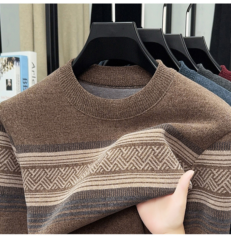 Men's Fleece Lined Striped Knit Sweater Crew Neck Long Sleeve Warm Pullover