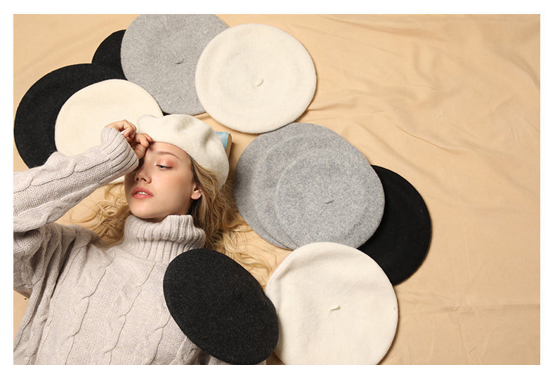 Retro Solid Color Wool Beret Hat for Women, Autumn Winter Adjustable Painter Cap