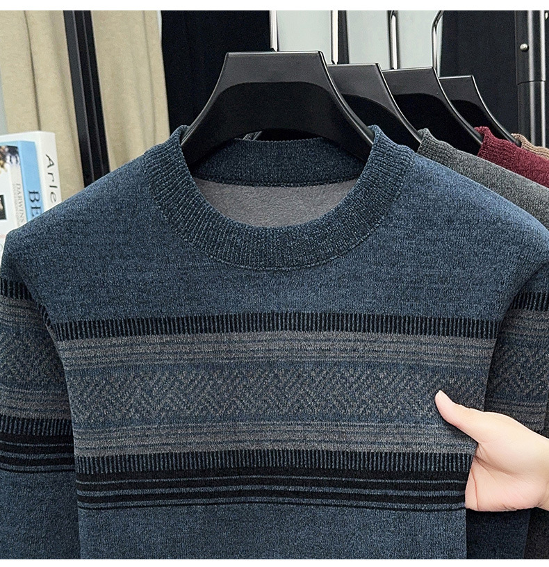 Men's Fleece Lined Striped Knit Sweater Crew Neck Long Sleeve Warm Pullover