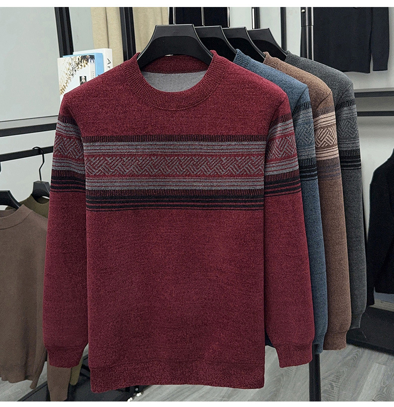 Men's Fleece Lined Striped Knit Sweater Crew Neck Long Sleeve Warm Pullover
