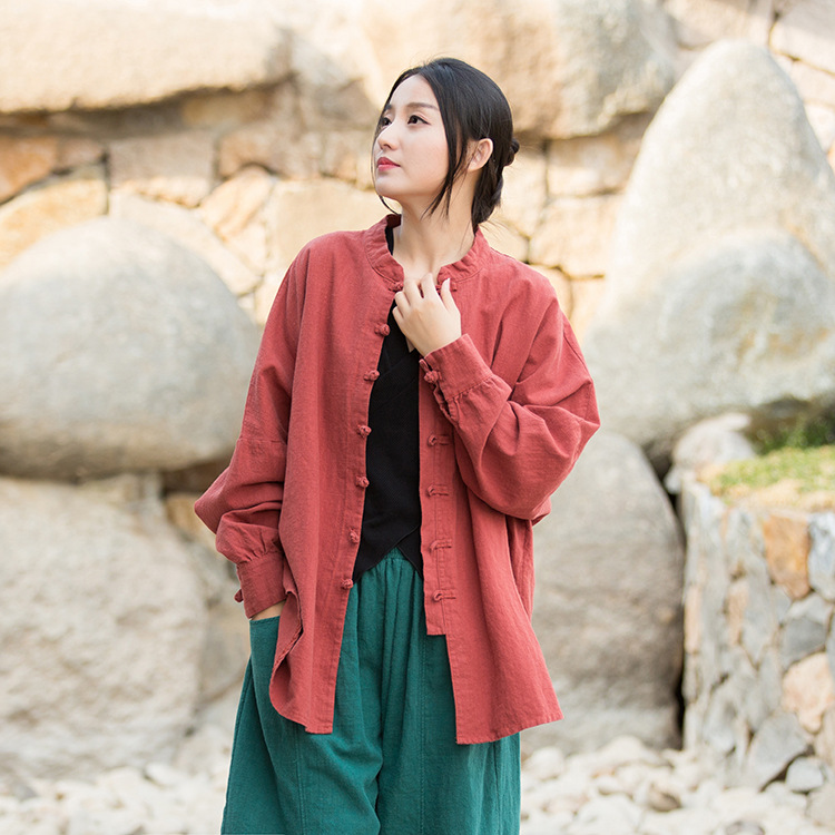 Women's Ramie Cotton Blend Sand-Washed Distressed Stand Collar Cardigan Jacket