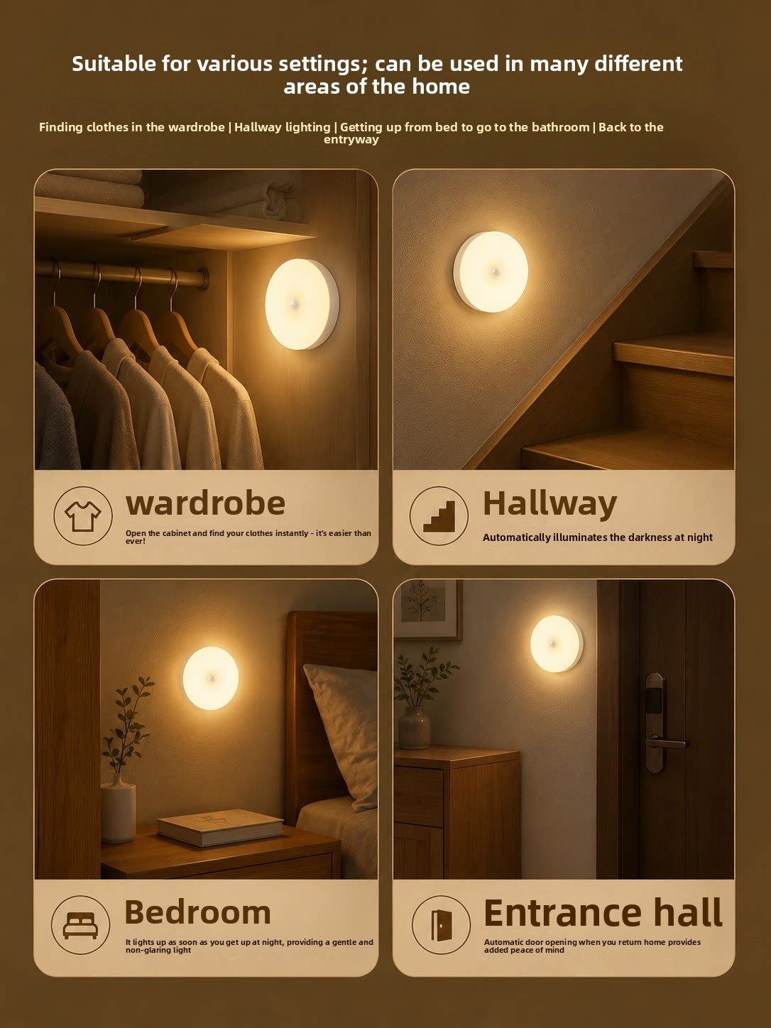 Rechargeable LED Motion Sensor Night Light USB Cordless Wall Mounted Bedside Lamp