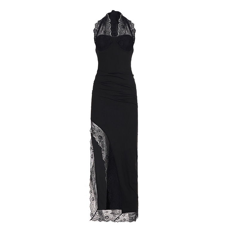 Elegant Black Lace Patchwork Halter Neck High Slit Long Evening Dress For Women