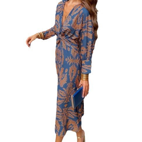 Women Floral Print V Neck A Line Mid Length Dress with Lace Up Waist