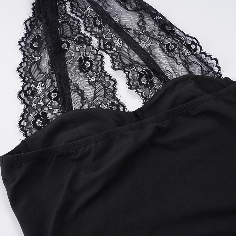 Elegant Black Lace Patchwork Halter Neck High Slit Long Evening Dress For Women