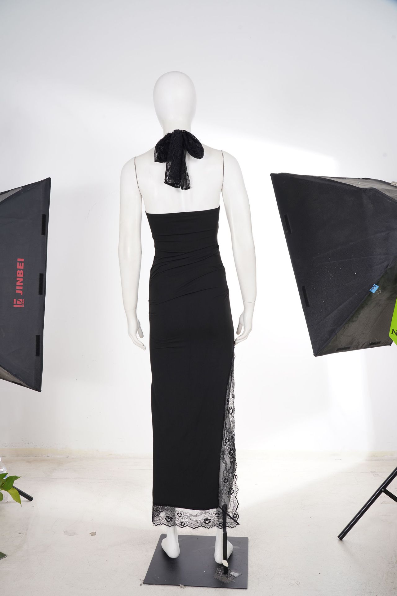 Elegant Black Lace Patchwork Halter Neck High Slit Long Evening Dress For Women