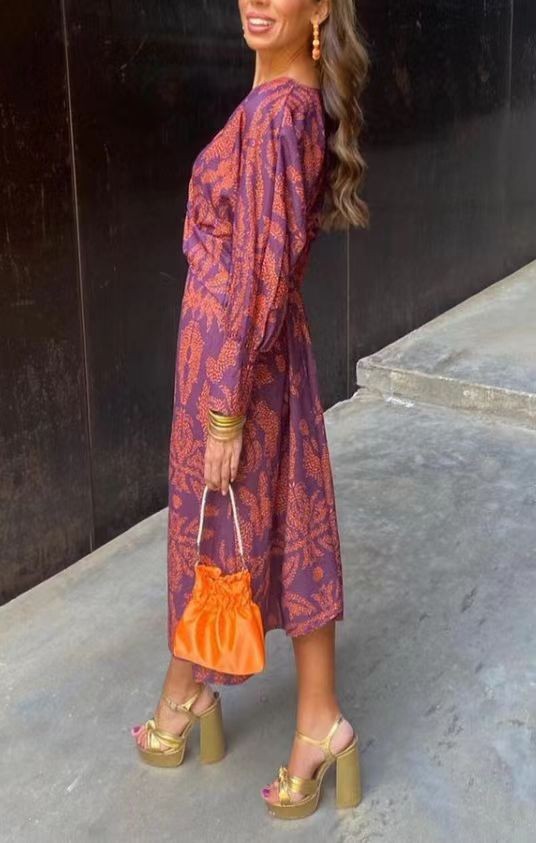 Women Floral Print V Neck A Line Mid Length Dress with Lace Up Waist