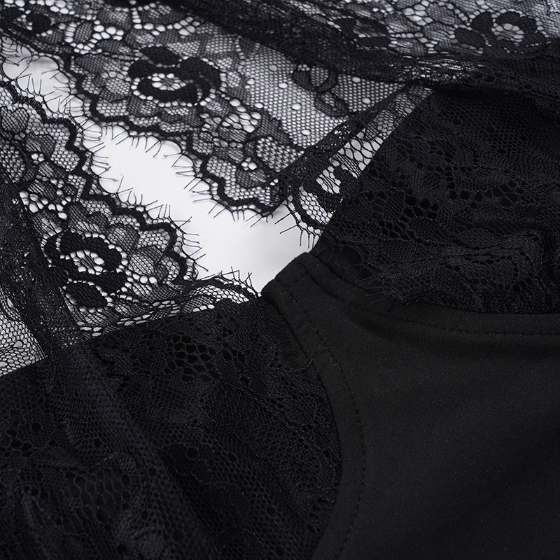 Elegant Black Lace Patchwork Halter Neck High Slit Long Evening Dress For Women