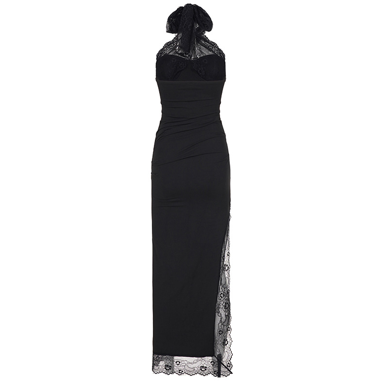 Elegant Black Lace Patchwork Halter Neck High Slit Long Evening Dress For Women