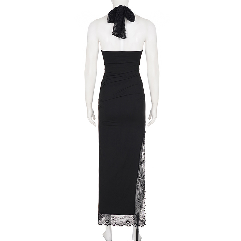 Elegant Black Lace Patchwork Halter Neck High Slit Long Evening Dress For Women