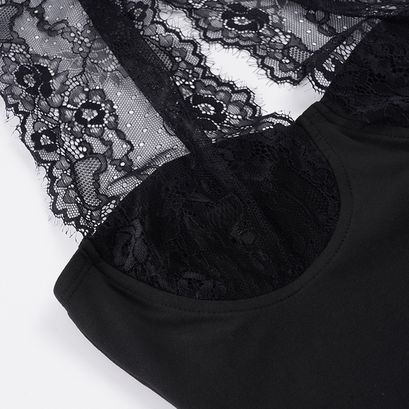Elegant Black Lace Patchwork Halter Neck High Slit Long Evening Dress For Women