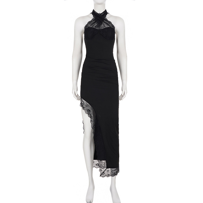 Elegant Black Lace Patchwork Halter Neck High Slit Long Evening Dress For Women
