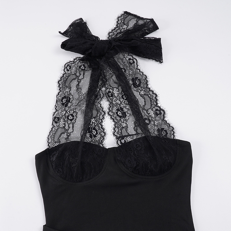 Elegant Black Lace Patchwork Halter Neck High Slit Long Evening Dress For Women