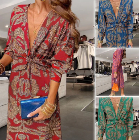 Women Floral Print V Neck A Line Mid Length Dress with Lace Up Waist