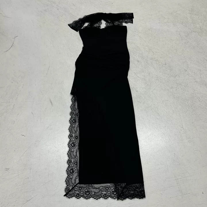 Elegant Black Lace Patchwork Halter Neck High Slit Long Evening Dress For Women