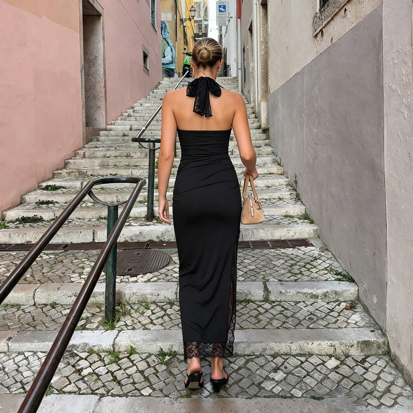 Elegant Black Lace Patchwork Halter Neck High Slit Long Evening Dress For Women