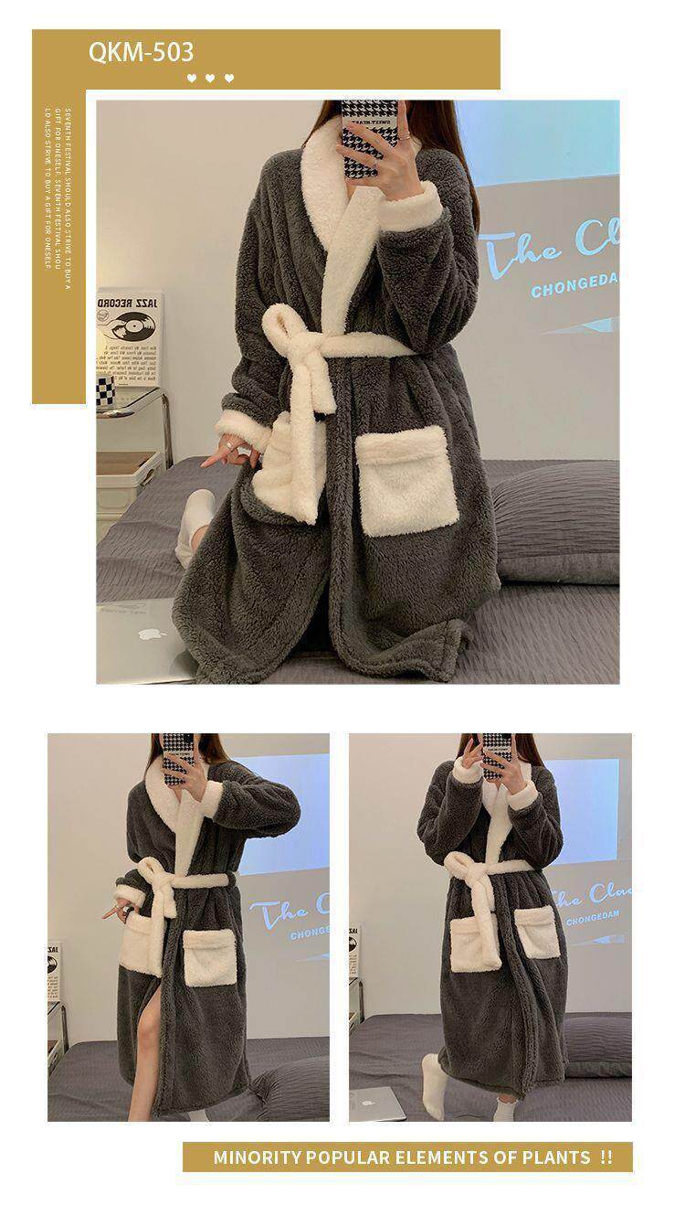 Women's Thickened Coral Fleece Long Robe with Cartoon Pattern Autumn Winter Cozy Nightgown