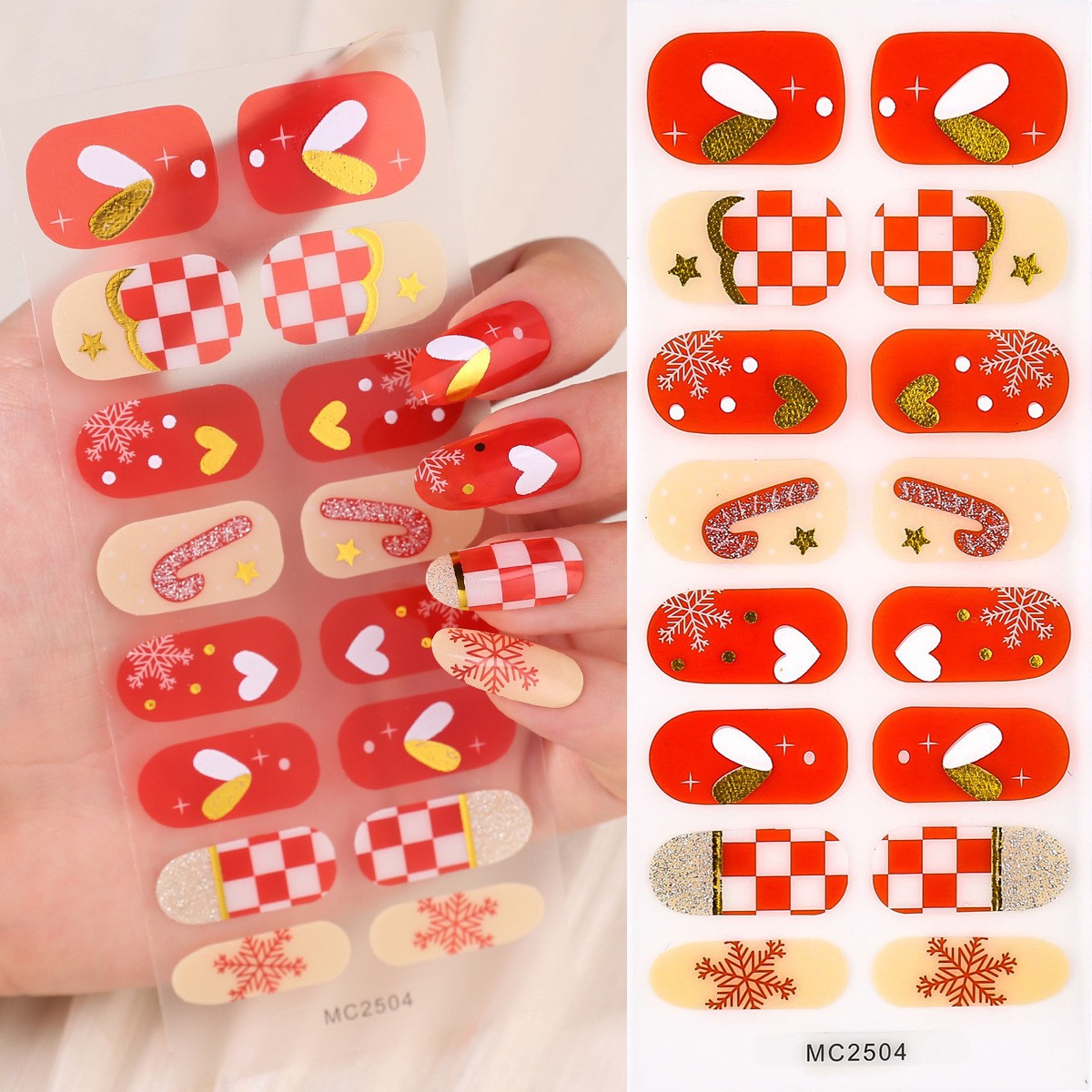 16-Finger French Christmas No-Bake Gel Nail Stickers Self-Adhesive Nail Polish Film Manicure Decals