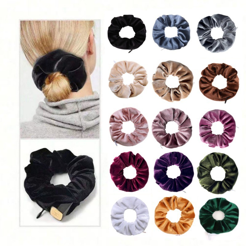 Korean Style Velvet Zipper Scrunchie Adjustable Ponytail Holder Hair Accessory