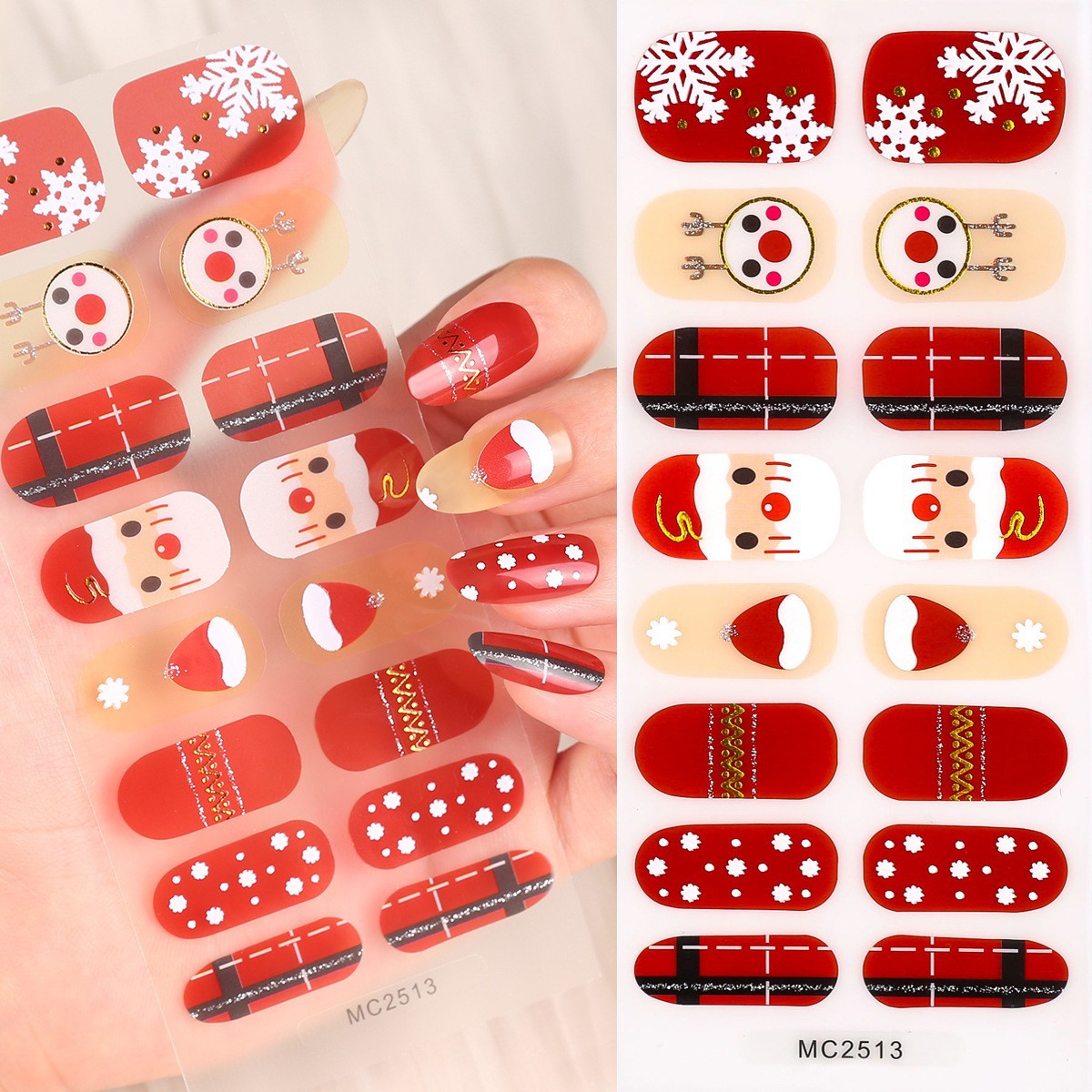 16-Finger French Christmas No-Bake Gel Nail Stickers Self-Adhesive Nail Polish Film Manicure Decals