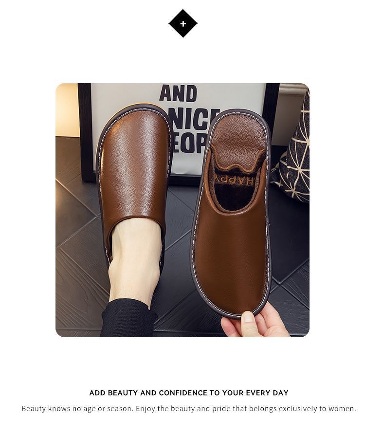 Genuine Leather Plush Lined Non-Slip Thick Sole Closed Toe Indoor Home Slippers for Men Women Winter Warm House Shoes