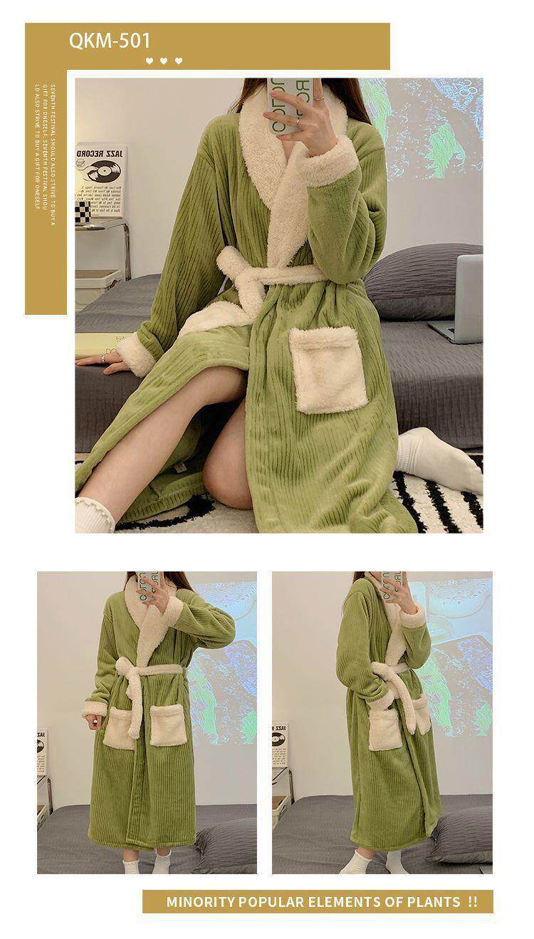 Women's Thickened Coral Fleece Long Robe with Cartoon Pattern Autumn Winter Cozy Nightgown